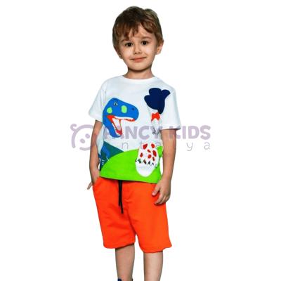 Erkek Çocuk Dinozor Baskılı İkili Takım – Turuncu Şortlu %100 Pamuk Yazlık Kombin