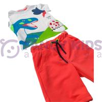 Erkek Çocuk Dinozor Baskılı İkili Takım – Turuncu Şortlu %100 Pamuk Yazlık Kombin