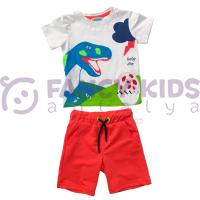 Erkek Çocuk Dinozor Baskılı İkili Takım – Turuncu Şortlu %100 Pamuk Yazlık Kombin