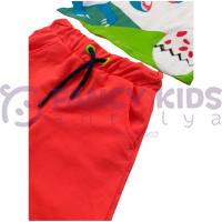 Erkek Çocuk Dinozor Baskılı İkili Takım – Turuncu Şortlu %100 Pamuk Yazlık Kombin