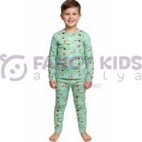 Erkek Çocuk Helikopter Desenli Pijama Takımı %95 Pamuk Esnek ve Rahat Uyku Takımı