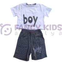 Erkek Çocuk İkili Takım – Baskılı Beyaz T-Shirt ve Gri Şort %100 Pamuk