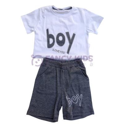 Erkek Çocuk İkili Takım – Baskılı Beyaz T-Shirt ve Gri Şort %100 Pamuk