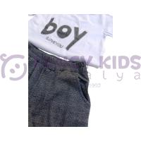 Erkek Çocuk İkili Takım – Baskılı Beyaz T-Shirt ve Gri Şort %100 Pamuk