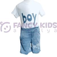 Erkek Çocuk İkili Takım – Baskılı Beyaz T-Shirt ve Gri Şort %100 Pamuk