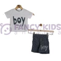 Erkek Çocuk İkili Takım – Baskılı Beyaz T-Shirt ve Gri Şort %100 Pamuk