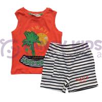 Erkek Çocuk İkili Takım - Turuncu Atlet T-Shirt ve Çizgili Şort