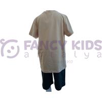 Erkek Çocuk İkili Takım Baskılı Bej T-Shirt Haki Şort 8 -14 Yaş