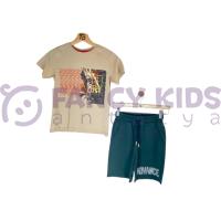 Erkek Çocuk İkili Takım Baskılı Bej T-Shirt Haki Şort 8 -14 Yaş