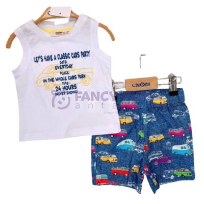 Erkek Çocuk İkili Takım Baskılı Beyaz Atlet T-Shirt Desenli Mavi Şort