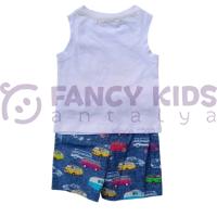 Erkek Çocuk İkili Takım Baskılı Beyaz Atlet T-Shirt Desenli Mavi Şort