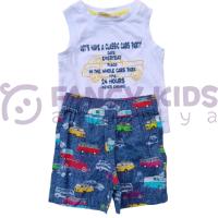 Erkek Çocuk İkili Takım Baskılı Beyaz Atlet T-Shirt Desenli Mavi Şort