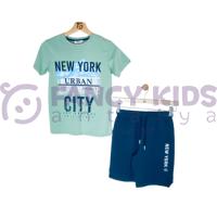 Erkek Çocuk İkili Takım Baskılı Yeşil T-Shirt Lacivert Şort 8 -14 Yaş