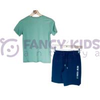 Erkek Çocuk İkili Takım Baskılı Yeşil T-Shirt Lacivert Şort 8 -14 Yaş