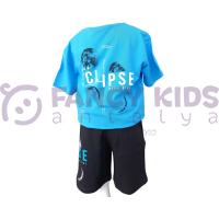 Erkek Çocuk İkili Takım Dark Night Eclipse Baskılı T-Shirt Bağcıklı Lastikli Baskılı Siyah Şort