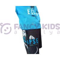 Erkek Çocuk İkili Takım Dark Night Eclipse Baskılı T-Shirt Bağcıklı Lastikli Baskılı Siyah Şort
