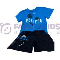 Erkek Çocuk İkili Takım Dark Night Eclipse Baskılı T-Shirt Bağcıklı Lastikli Baskılı Siyah Şort