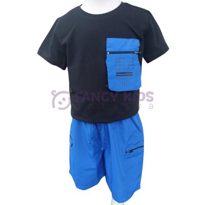 Erkek Çocuk İkili Takım Torba Cepli Siyah T-Shirt Deniz Kullanımına Uygun Cepli Mavi Şort
