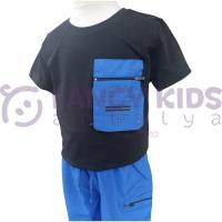 Erkek Çocuk İkili Takım Torba Cepli Siyah T-Shirt Deniz Kullanımına Uygun Cepli Mavi Şort