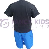 Erkek Çocuk İkili Takım Torba Cepli Siyah T-Shirt Deniz Kullanımına Uygun Cepli Mavi Şort