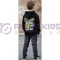 Erkek Çocuk Kapüşonlu Baskılı Siyah Sweatshirt - Cepli, Pamuklu, Rahat Kullanım