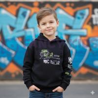 Erkek Çocuk Kapüşonlu Baskılı Siyah Sweatshirt - Cepli, Pamuklu, Rahat Kullanım