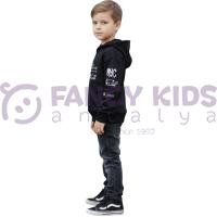 Erkek Çocuk Kapüşonlu Baskılı Siyah Sweatshirt - Cepli, Pamuklu, Rahat Kullanım