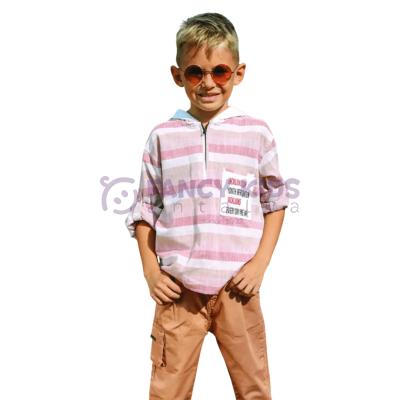 Erkek Çocuk Kapüşonlu Kahverengi Çizgili Gömlek – %100 Pamuk, Esnek ve İnce Kumaş