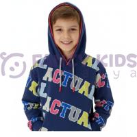 Erkek Çocuk Lacivert Baskılı Kapüşonlu Sweatshirt – Rahat Kalıp, Uzun Kollu, Dokuma Kumaş