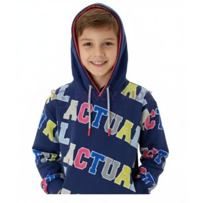 Erkek Çocuk Lacivert Baskılı Kapüşonlu Sweatshirt – Rahat Kalıp, Uzun Kollu, Dokuma Kumaş