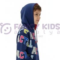 Erkek Çocuk Lacivert Baskılı Kapüşonlu Sweatshirt – Rahat Kalıp, Uzun Kollu, Dokuma Kumaş