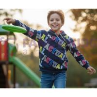 Erkek Çocuk Lacivert Baskılı Kapüşonlu Sweatshirt – Rahat Kalıp, Uzun Kollu, Dokuma Kumaş