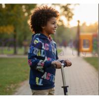 Erkek Çocuk Lacivert Baskılı Kapüşonlu Sweatshirt – Rahat Kalıp, Uzun Kollu, Dokuma Kumaş