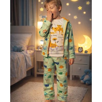 Erkek Çocuk Leopard Desenli Pijama Takımı - 3 Parça (Kapüşonlu Üst, Uzun Kollu T-Shirt, Büzgülü Alt) - %100 Pamuk