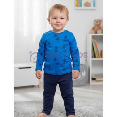Erkek Çocuk Mavi Pamuklu Pijama Takımı Palmiye Desenli Esnek Kumaş