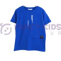 Erkek Çocuk Ön ve Arka Dijital Challenge Baskılı Mavi T-Shirt %95 Pamuk %5 Elastan Gizli Şık Cepli