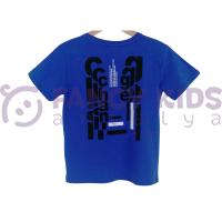 Erkek Çocuk Ön ve Arka Dijital Challenge Baskılı Mavi T-Shirt %95 Pamuk %5 Elastan Gizli Şık Cepli