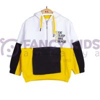 Erkek Çocuk Sarı Beyaz Siyah Kapüşonlu Eşofman Takımı – Pamuklu, Şık ve Rahat Tasarım