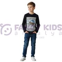 Erkek Çocuk Siyah İnce Sweatshirt – Baskılı, Uzun Kollu, %100 Pamuk, Tam Kalıp