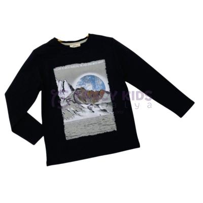 Erkek Çocuk Siyah İnce Sweatshirt – Baskılı, Uzun Kollu, %100 Pamuk, Tam Kalıp