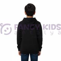 Erkek Çocuk Siyah Kapüşonlu Şık Baskılı Pamuklu Sweatshirt