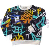Erkek Çocuk Siyah Sweatshirt Neon Baskılı Pamuklu Kumaş Rahat Kalıp