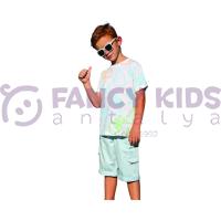 Erkek Çocuk T-Shirt Neon Turkuaz Neon Yeşil Baskılı Beyaz Renkli