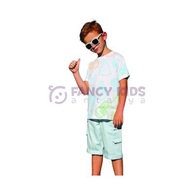 Erkek Çocuk T-Shirt Neon Turkuaz Neon Yeşil Baskılı Beyaz Renkli