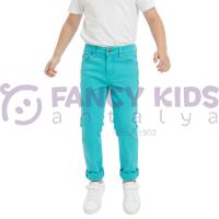 Erkek Çocuk Turkuvaz Mavi Pantolon %100 Pamuk – Ayarlanabilir Bel, Dar Paça, Klasik Jean Kesim