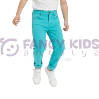 Erkek Çocuk Turkuvaz Mavi Pantolon %100 Pamuk – Ayarlanabilir Bel, Dar Paça, Klasik Jean Kesim