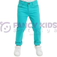 Erkek Çocuk Turkuvaz Mavi Pantolon %100 Pamuk – Ayarlanabilir Bel, Dar Paça, Klasik Jean Kesim