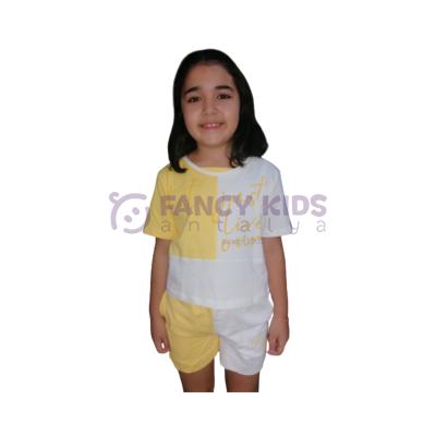 Kız Çocuğu İkili Takım Garnili Sarı - Beyaz %100 Pamuk T-Shirt - Şort 