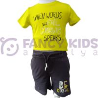 Kız Çocuğu Music Speak Baskılı T-Shirt Lacivert Baskılı Bağcıklı Cepli Şort İkili Takım 