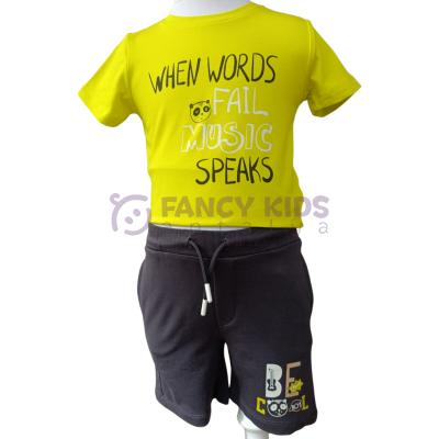 Kız Çocuğu Music Speak Baskılı T-Shirt Lacivert Baskılı Bağcıklı Cepli Şort İkili Takım 